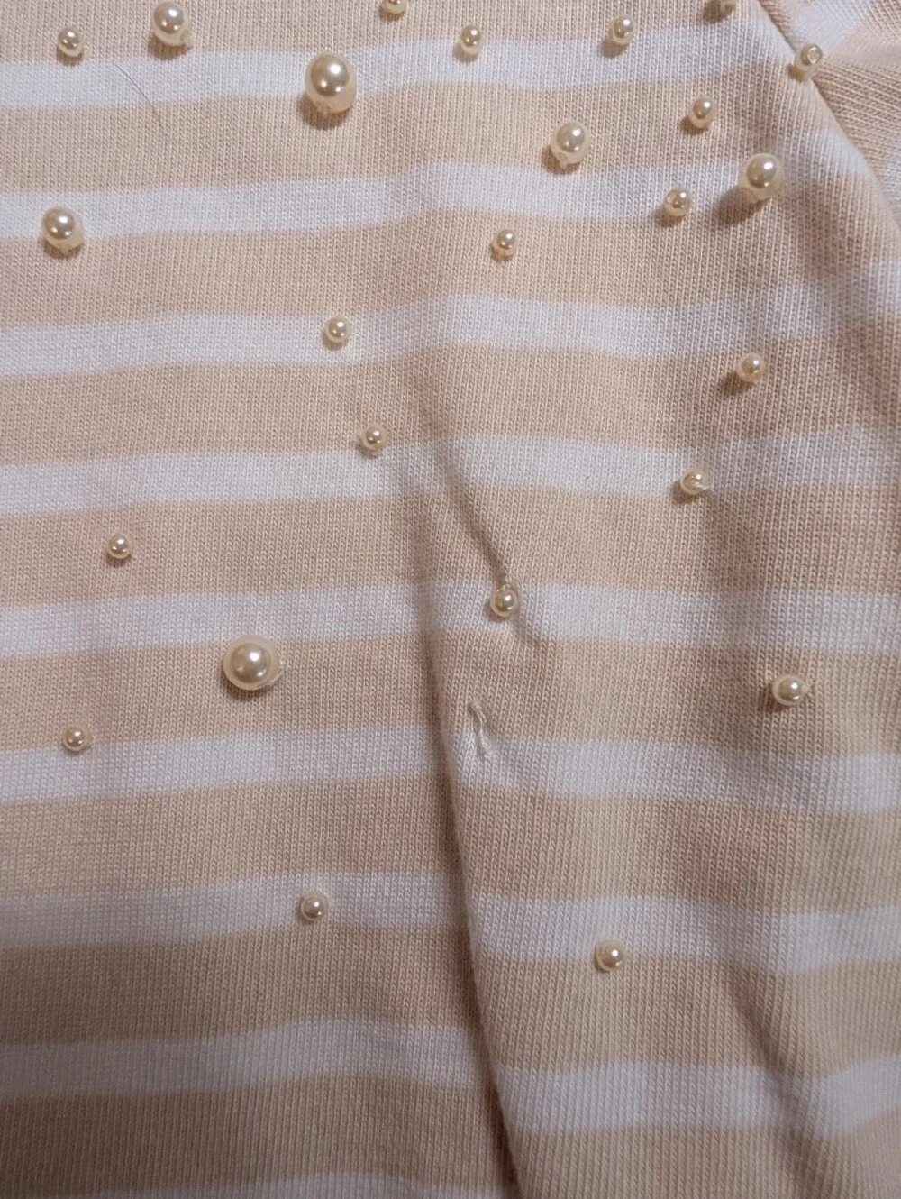 Tory Burch Cream and White Striped Long-Sleeve Tee with Pearl Beads Size S